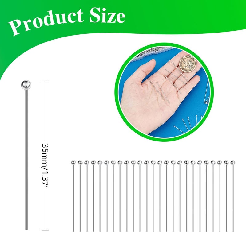 QIMAOO 200Pcs Ball Pins for Jewelry Making, Stainless Steel Jewelry Round Head Pins Length 1.38"/35MM Bead Headpins for DIY Craft Bead Earring Necklace - Image 2